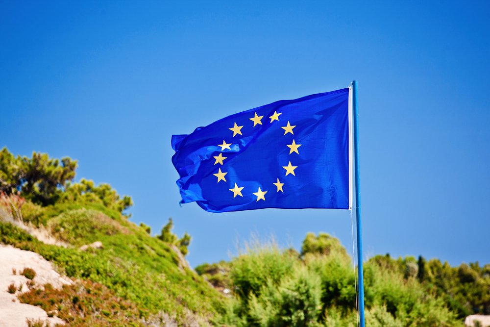 Flag of the European Union against blue sky 