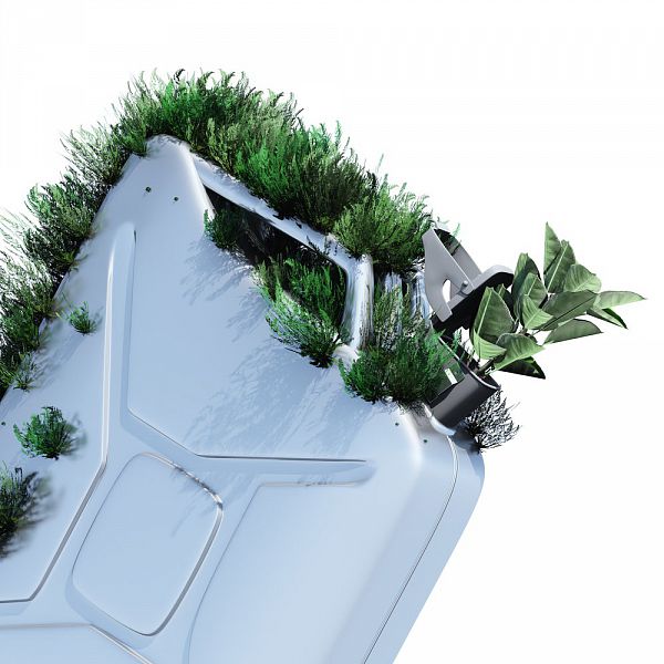Biofuel.The metal canister on which grows a grass. Concept of ecological fuel