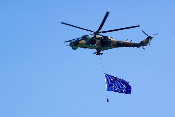 Military helicopter with EU flag 