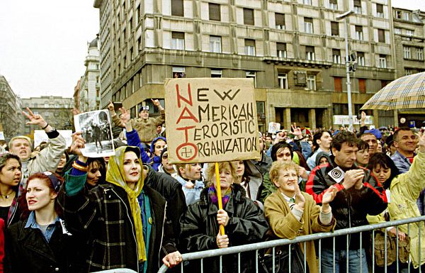 Belgrade, Yugoslavia: Yugoslavian Citizens March Through The Streets Of The Capital Belgrade Today In Protest Against Nato Airstrikes On 29/3/1999. Nato Air-Strikes Have Entered Their Fifth Day.